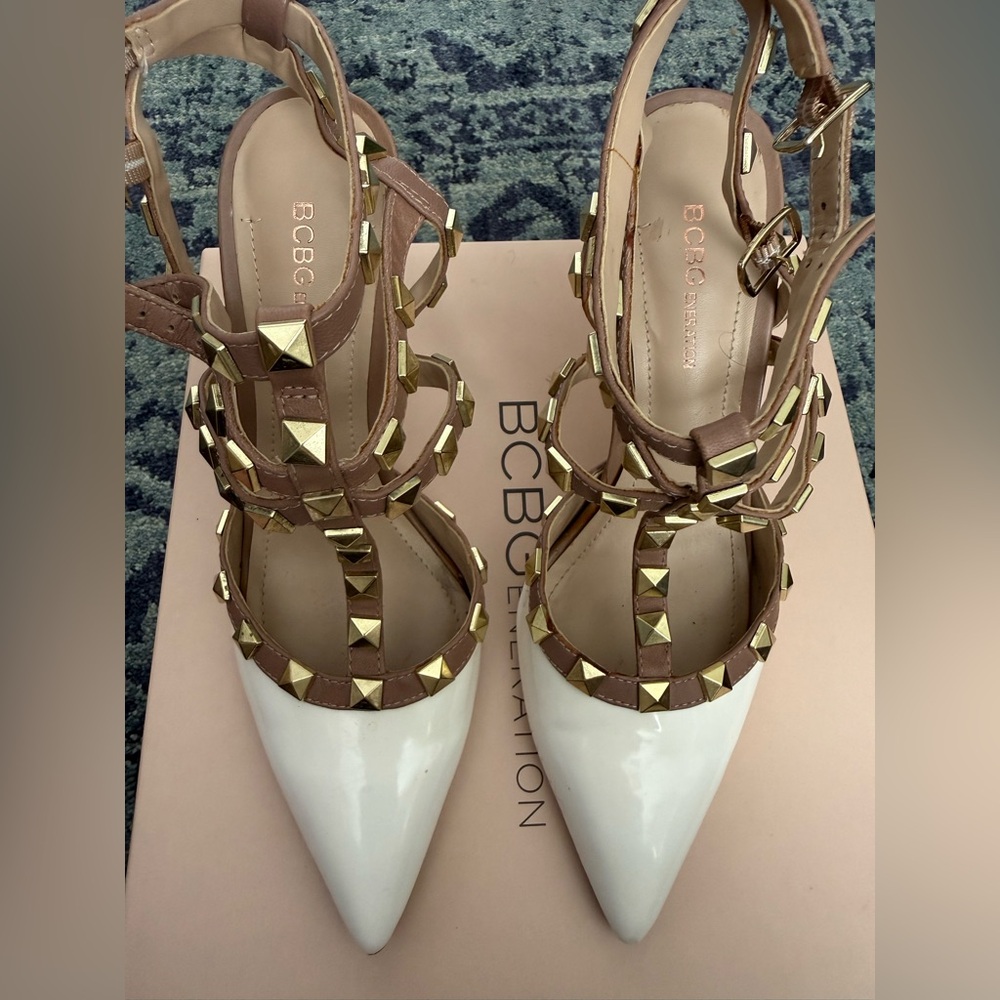 BCBGeneration Women's White and Tan Studded Heels - Picture 2 of 8